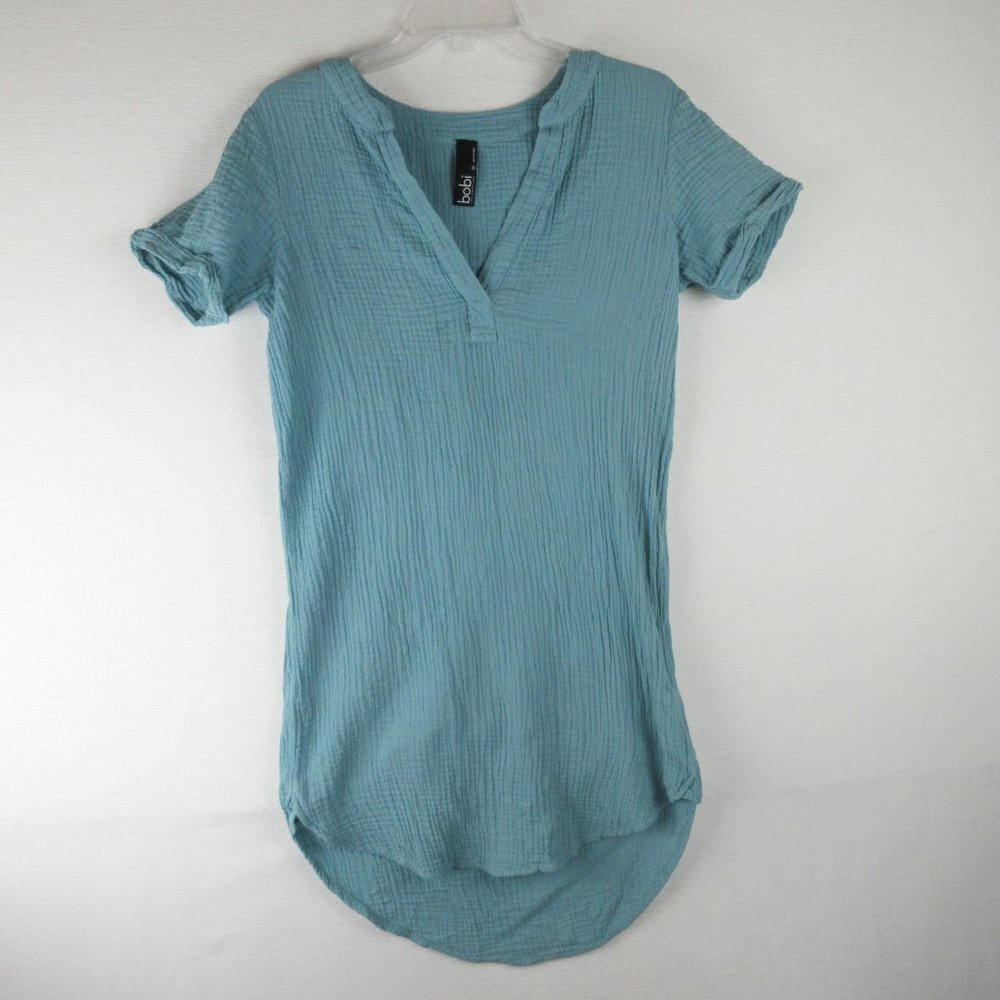 Bobi Gauze Dress Size S Split V-Neck Curved Hem Short Sleeve